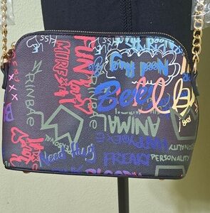 Black  Graffiti Printed PU Leather  Crossbody Bag with Chain Strap  NWT